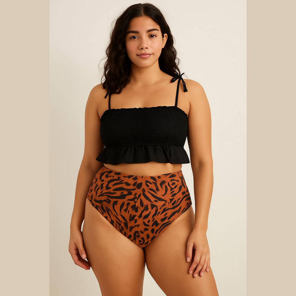 Cupshe Black Smocked Ruffle Bikini Top & Animal Print High Waisted print Bottom